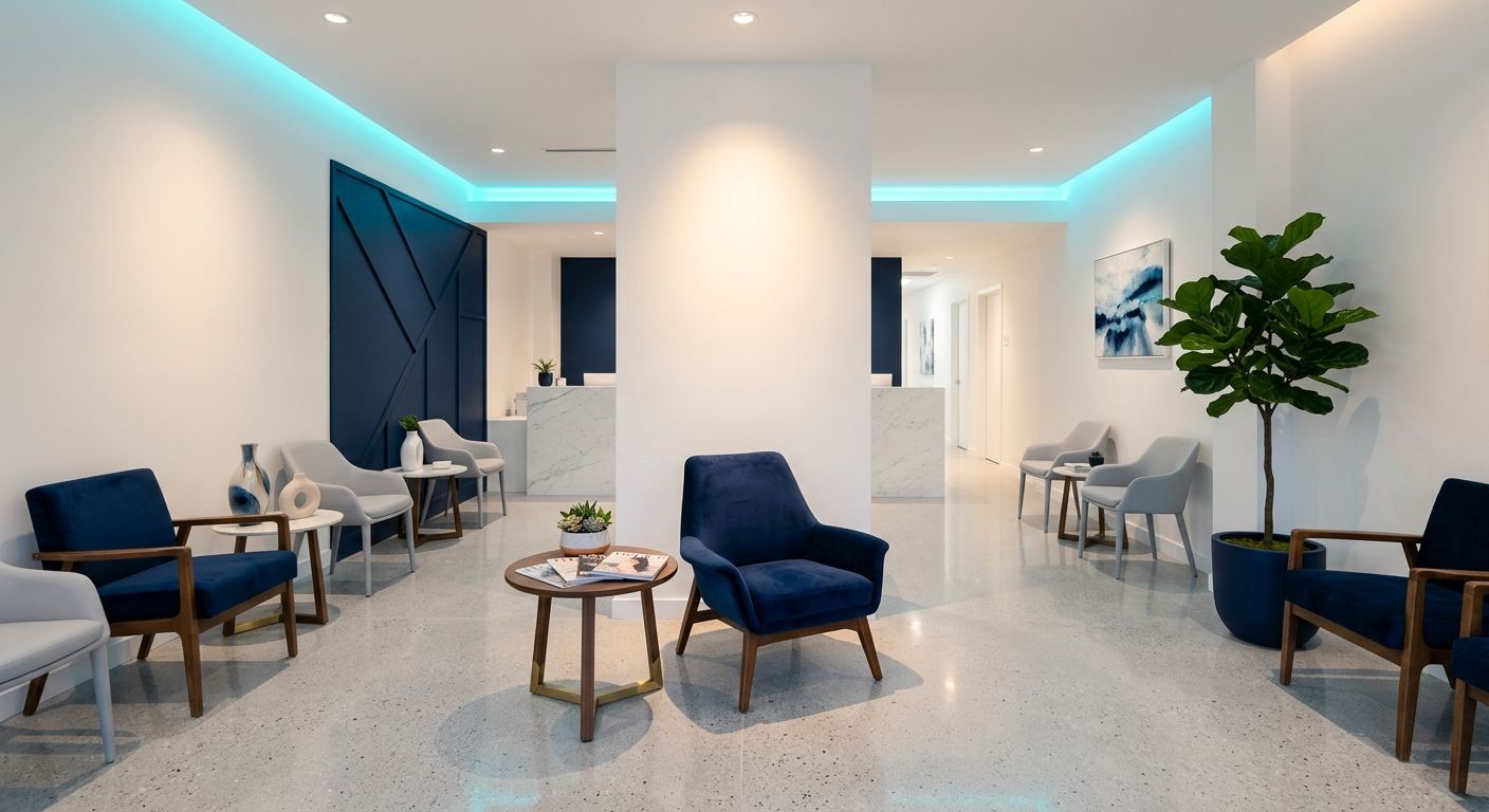 A beautiful but empty med spa waiting area
