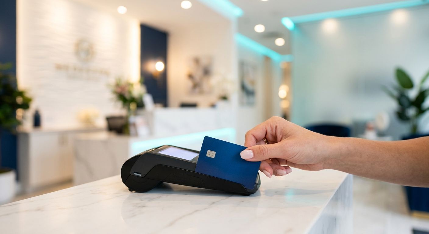 Payment at a med spa reception counter